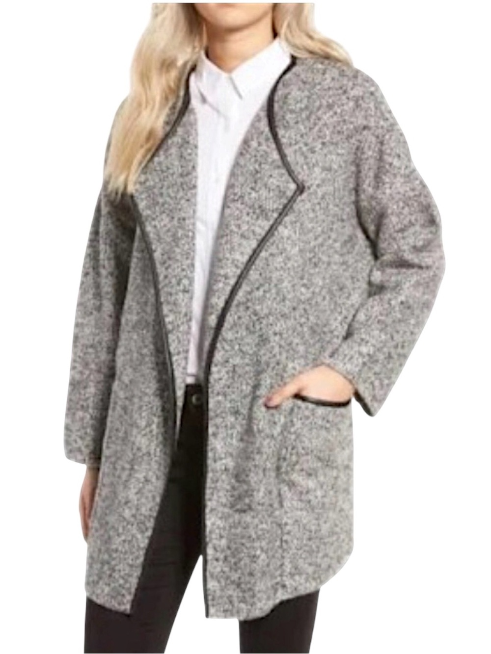 ASTR Salt & Pepper Grey Black Piping Open Front Pockets Cardigan Jacket (S)